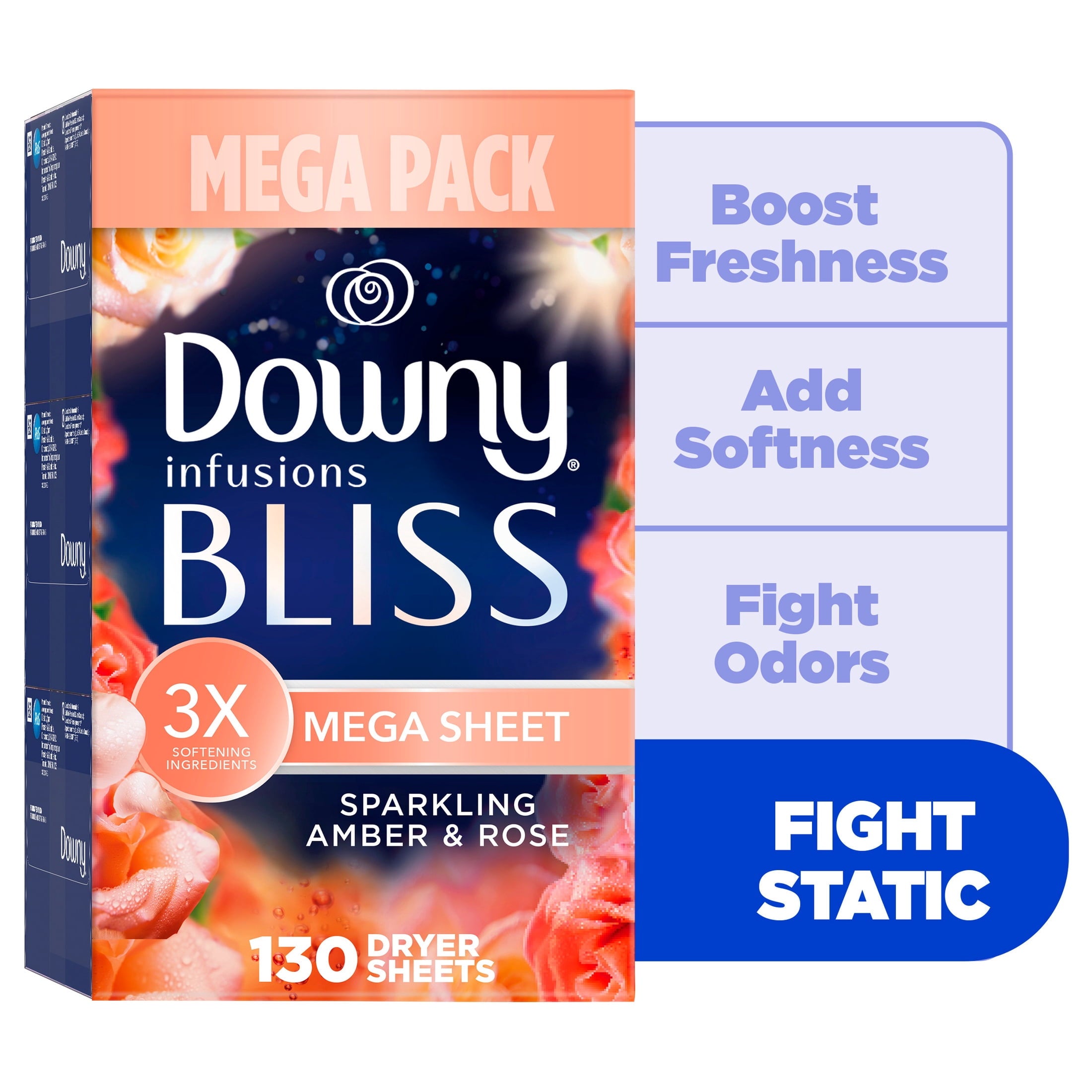 Downy Fabric Softener Dryer Sheets - Infusions Bliss Amber and Rose Scent, 130 Mega Dryer Sheets