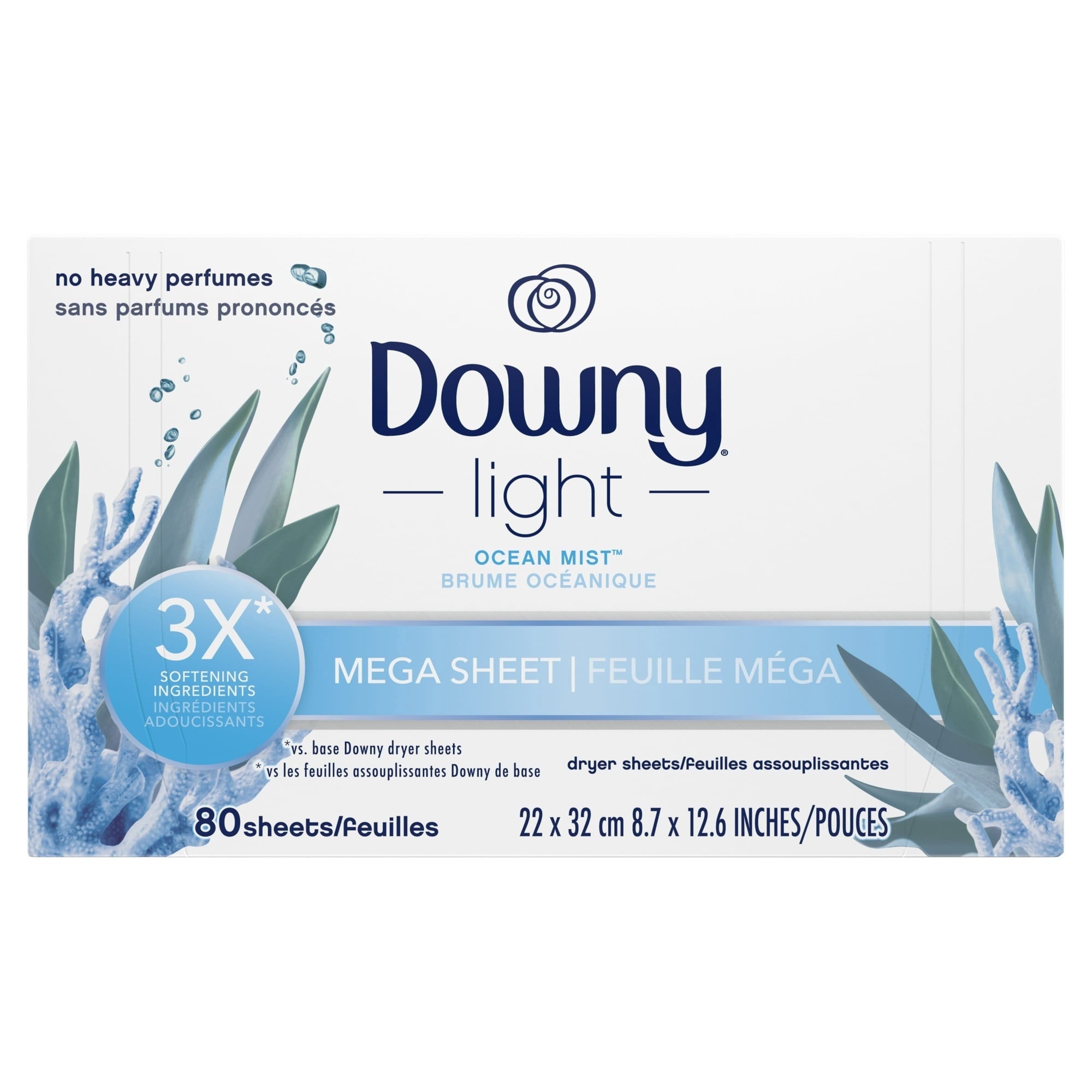 Downy Light Mega Dryer Sheets - Ocean Mist, 80 Count (4 Pack)