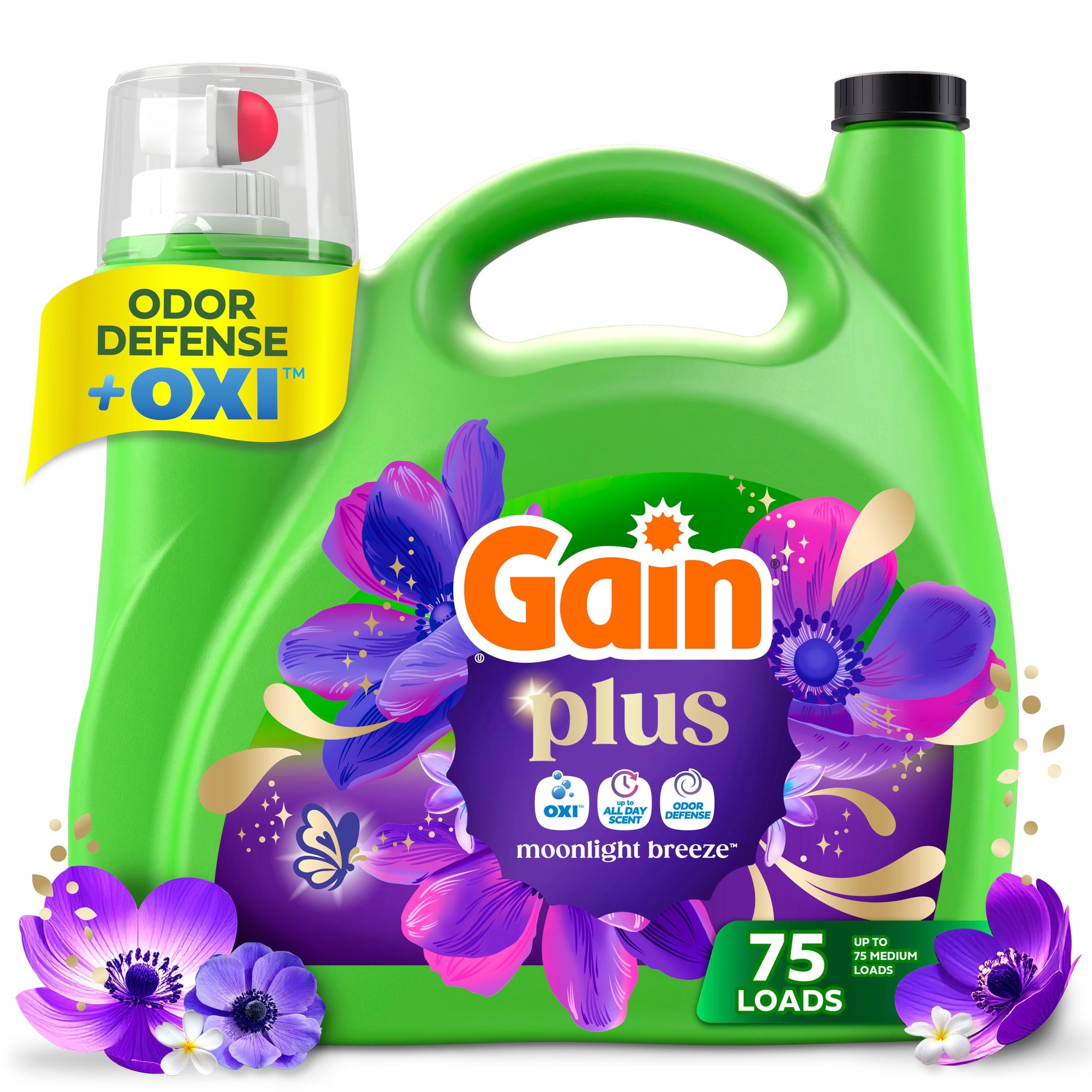 Gain Plus Liquid Laundry Detergent - Now with Odor Defense + OXI, Moonlight Breeze Scent, 99 fl oz, 75 Loads