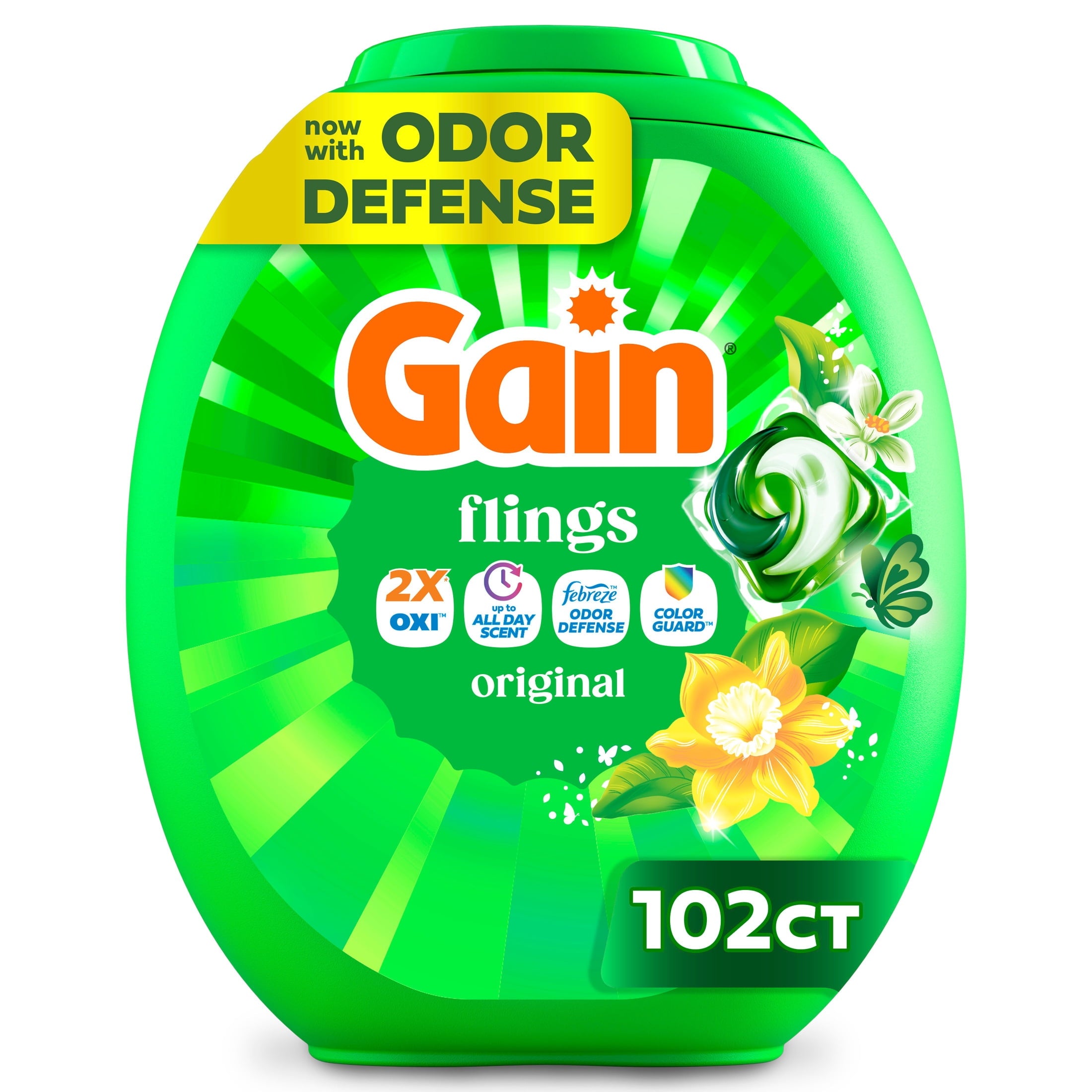 Gain Flings Laundry Detergent Soap Pacs - 4-in-1 Oxi Boost and Febreze, Original Scent, 102 Count