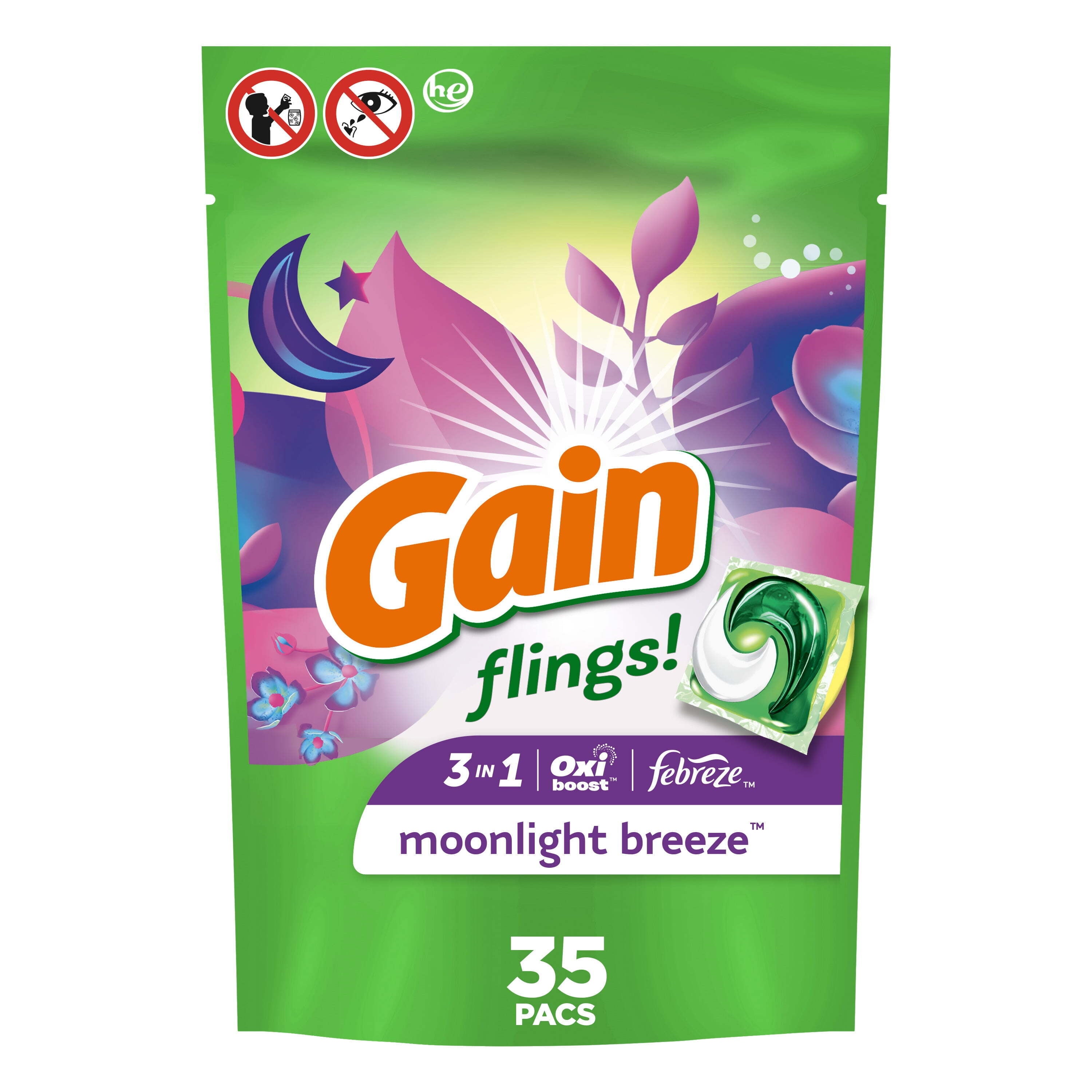 Gain Flings Laundry Detergent Soap Pacs - 35 Count, Moonlight Breeze