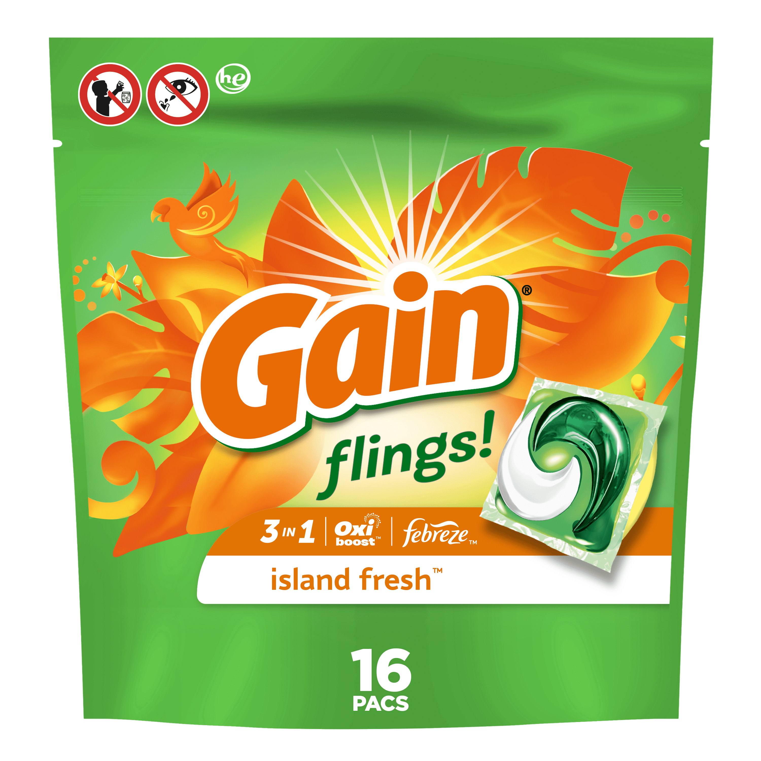Gain Flings Liquid Laundry Detergent - Island Fresh Scent, 16 Count
