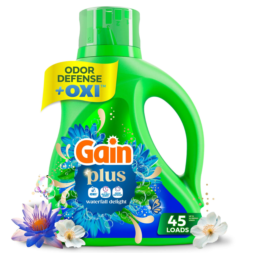 Gain Plus Laundry Detergent Liquid - Now with Odor Defense + OXI, Waterfall Delight Scent, 60 fl oz, 45 Loads
