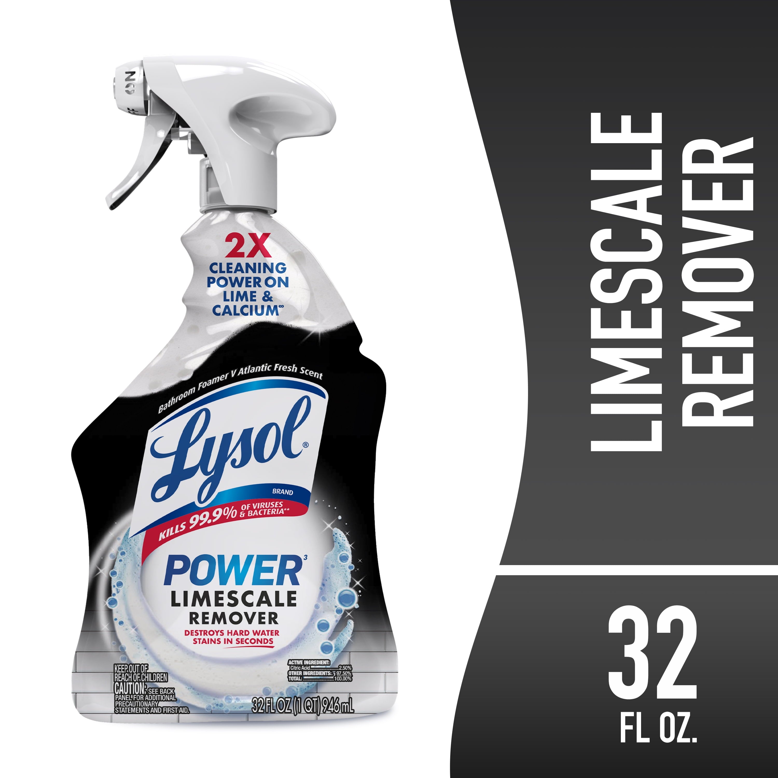Lysol Power Limescale Remover Bathroom Cleaner Spray - Hard Water Stain Remover, Disinfecting Multipurpose Cleaner, 0% Bleach, Atlantic Fresh Scent, 32 fl oz