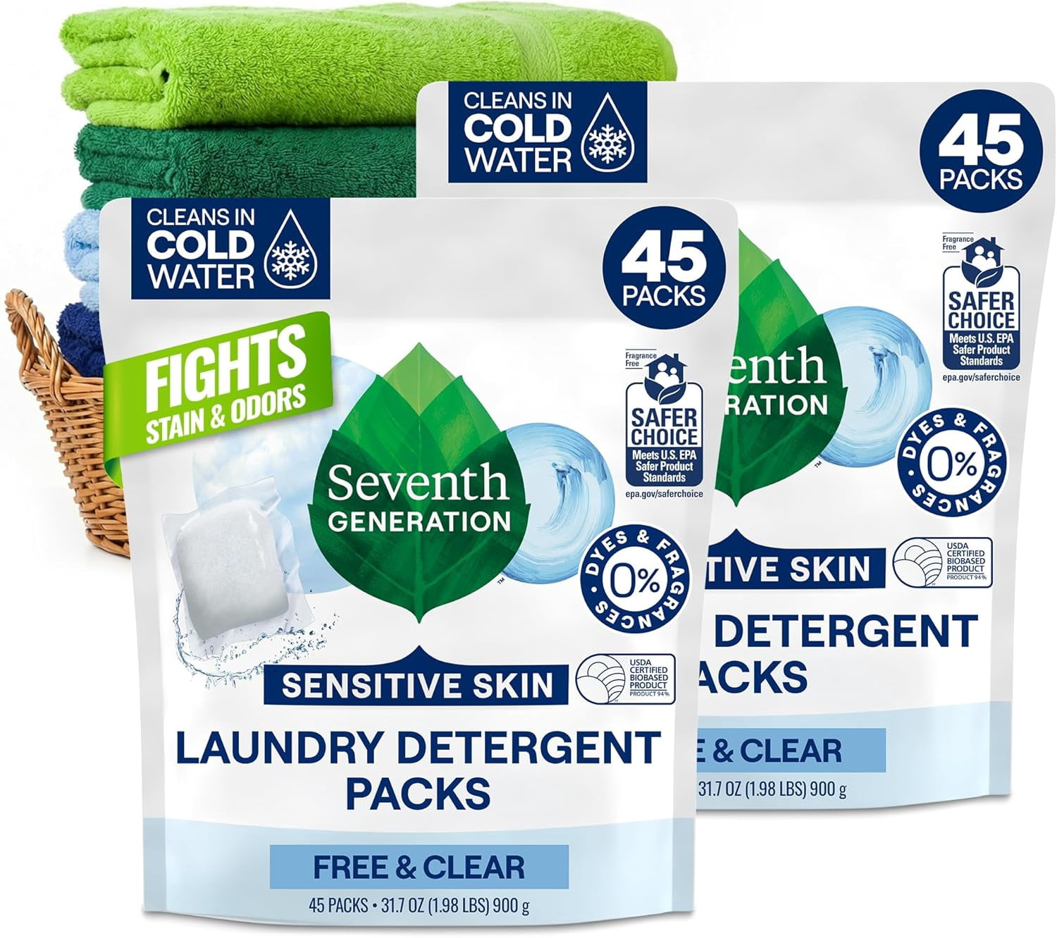 Laundry Detergent Packs - Free & Clear, 90 Loads (2 pouches, 45 Count EA)
