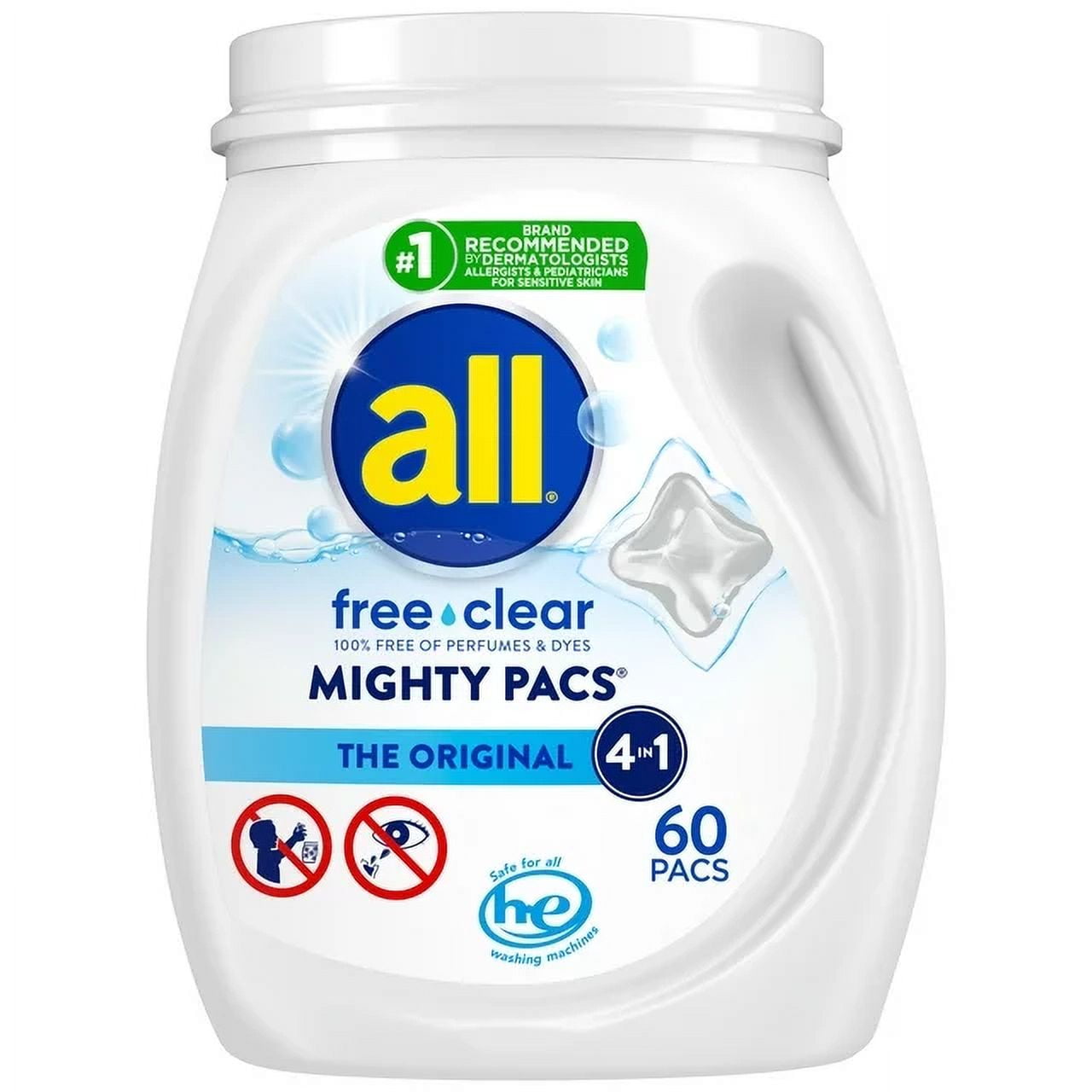 Mighty Pacs Laundry Detergent Pacs - Free Clear for Sensitive Skin, Unscented and Dye Free, 60 Count