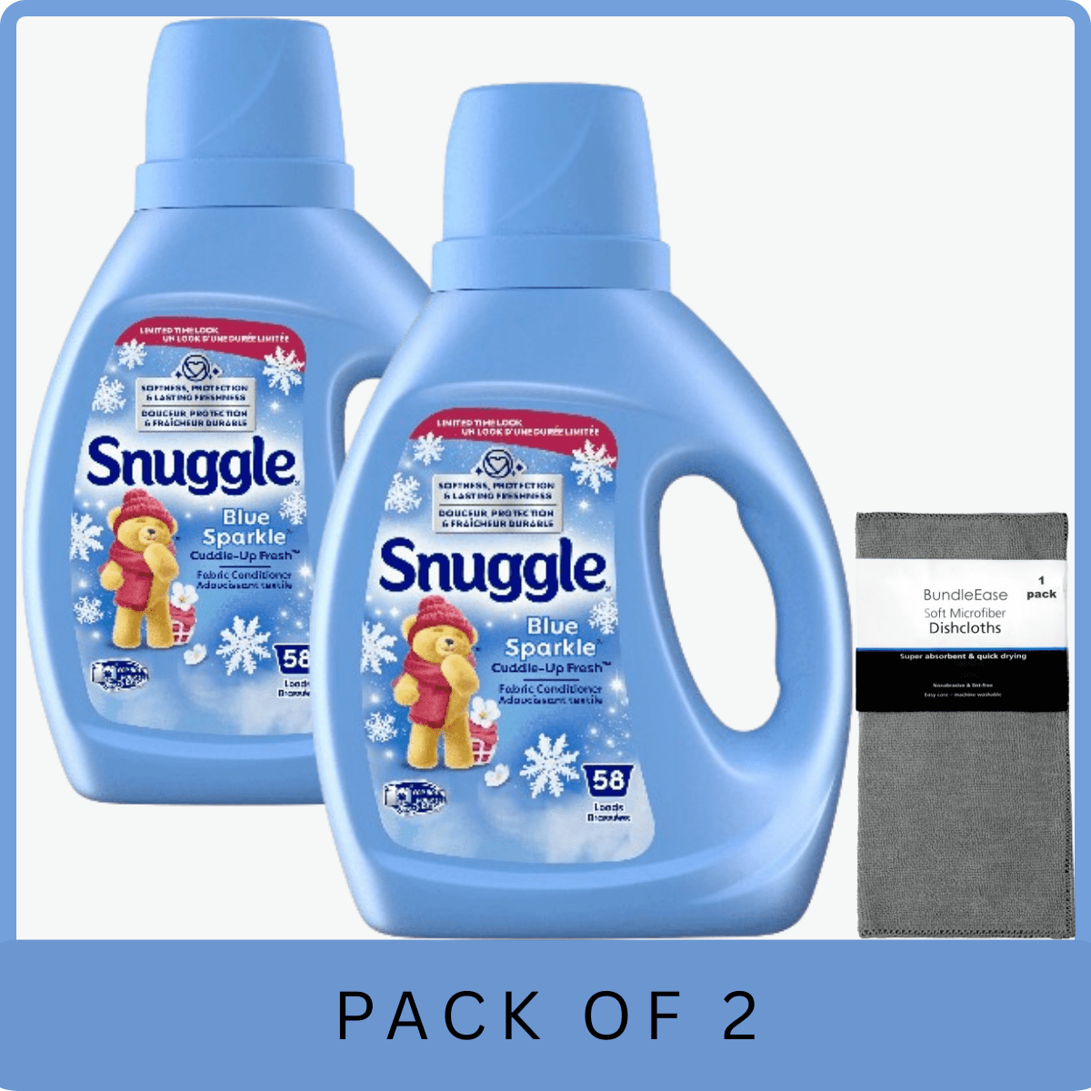 Snuggle Blue Sparkle Liquid Fabric Softener 39.4 oz - 58 Loads with Microfiber Solid Color Towel by BundleEase