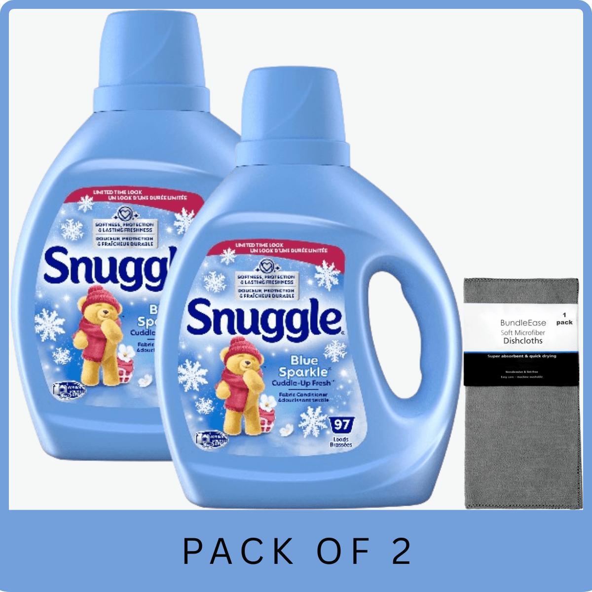 Snuggle Blue Sparkle Liquid Fabric Softener 66 oz - 97 Loads with Microfiber Solid Color Towel by BundleEase