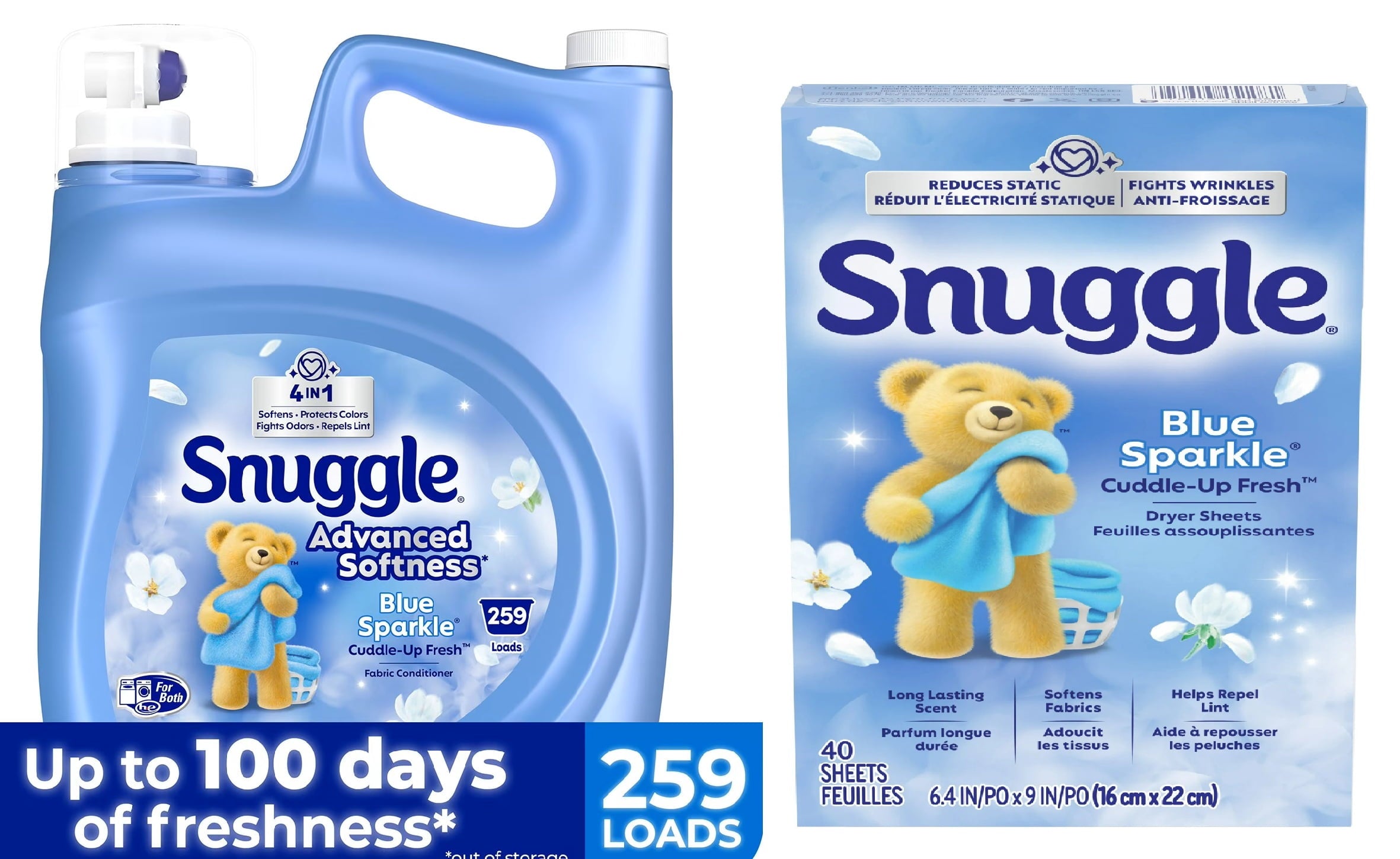 Snuggle Fabric Softener Value Bundle – Blue Sparkle Liquid 176 fl oz (259 Loads) & Dryer Sheets 40 Count – Free Shipping