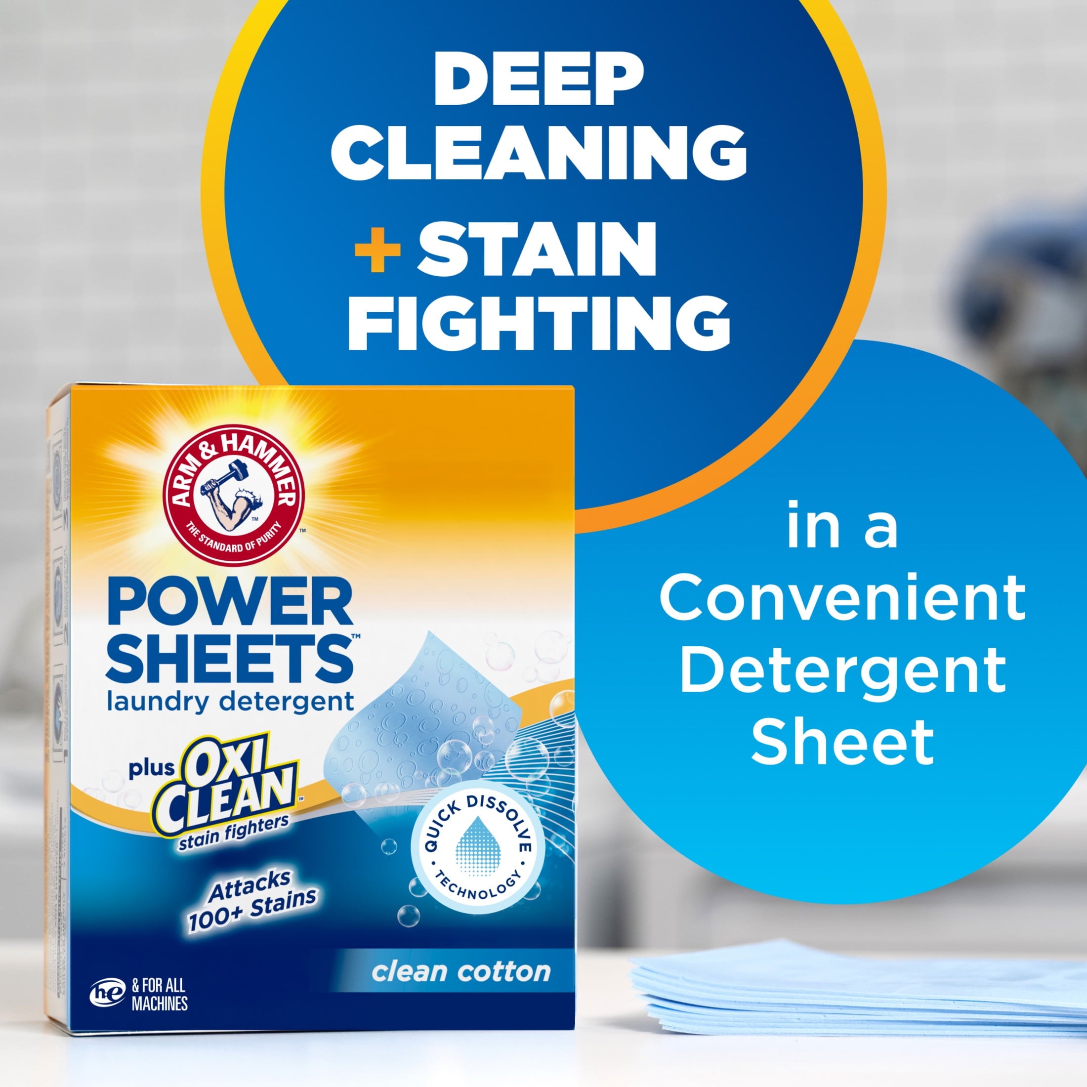 ARM & HAMMER Power Sheets Plus OxiClean Stain Fighters Laundry Detergent - Clean Cotton, 104 Count