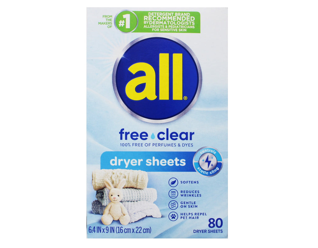 All Dryer Sheets for Sensitive Skin Free Clear - 80 Count (Pack of 4)