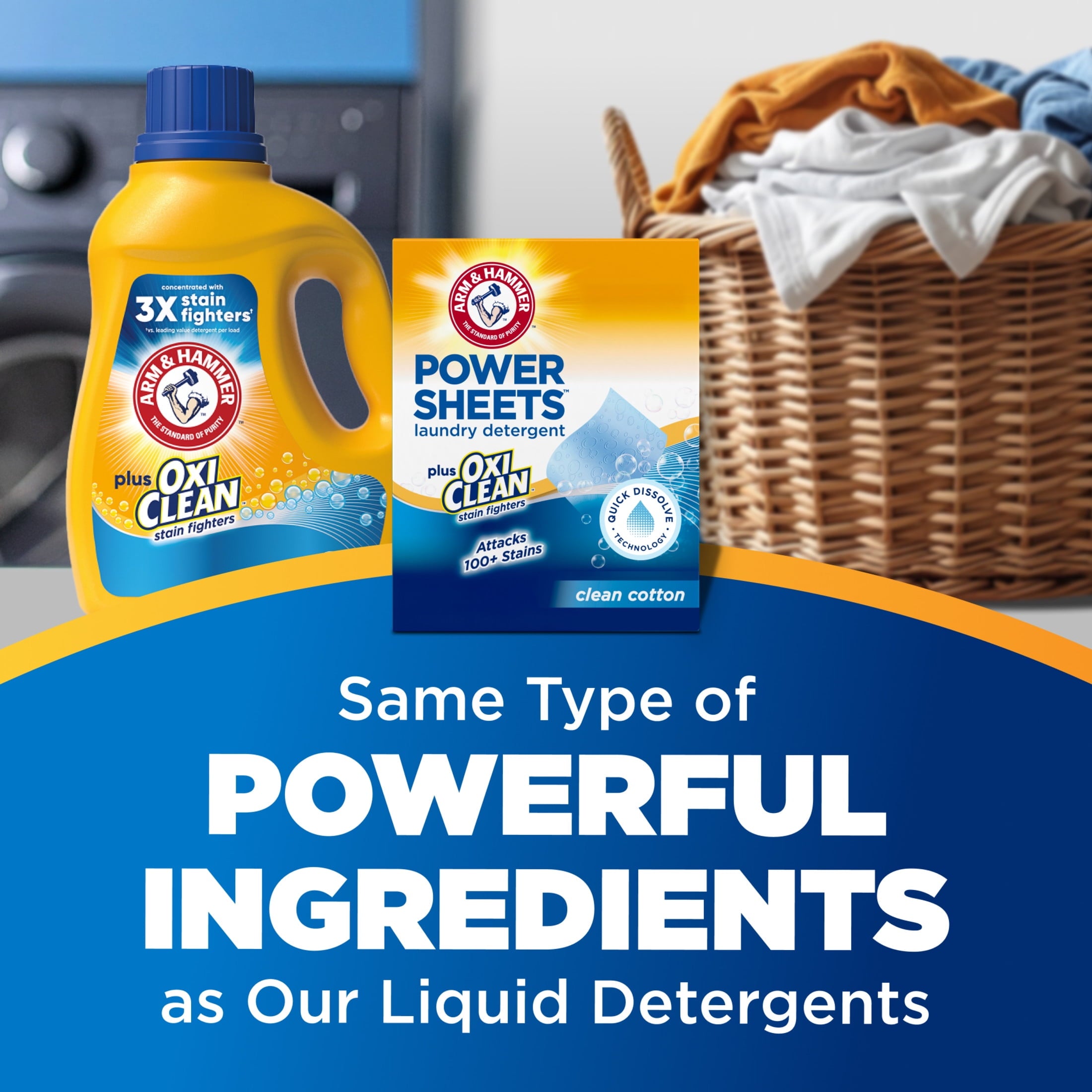 ARM & HAMMER Power Sheets Plus OxiClean Stain Fighters Laundry Detergent - Clean Cotton, 104 Count