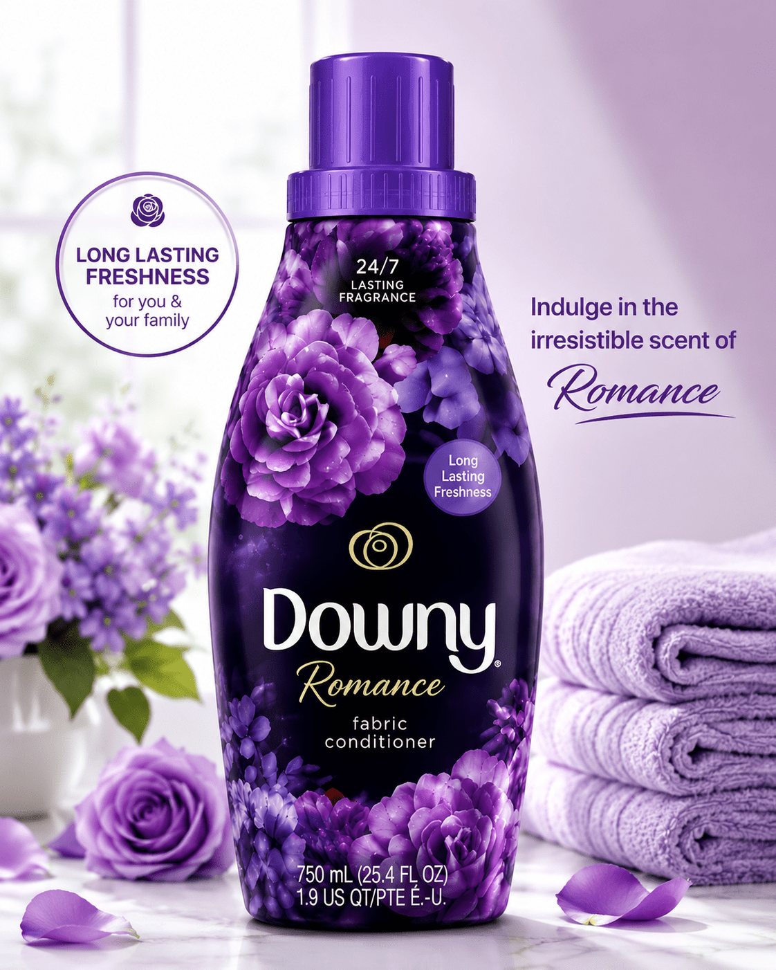 Downy Romance Liquid Fabric Softener - Romantic Fragrance, 2 x 750 mL, 2 Count, 2 Pack