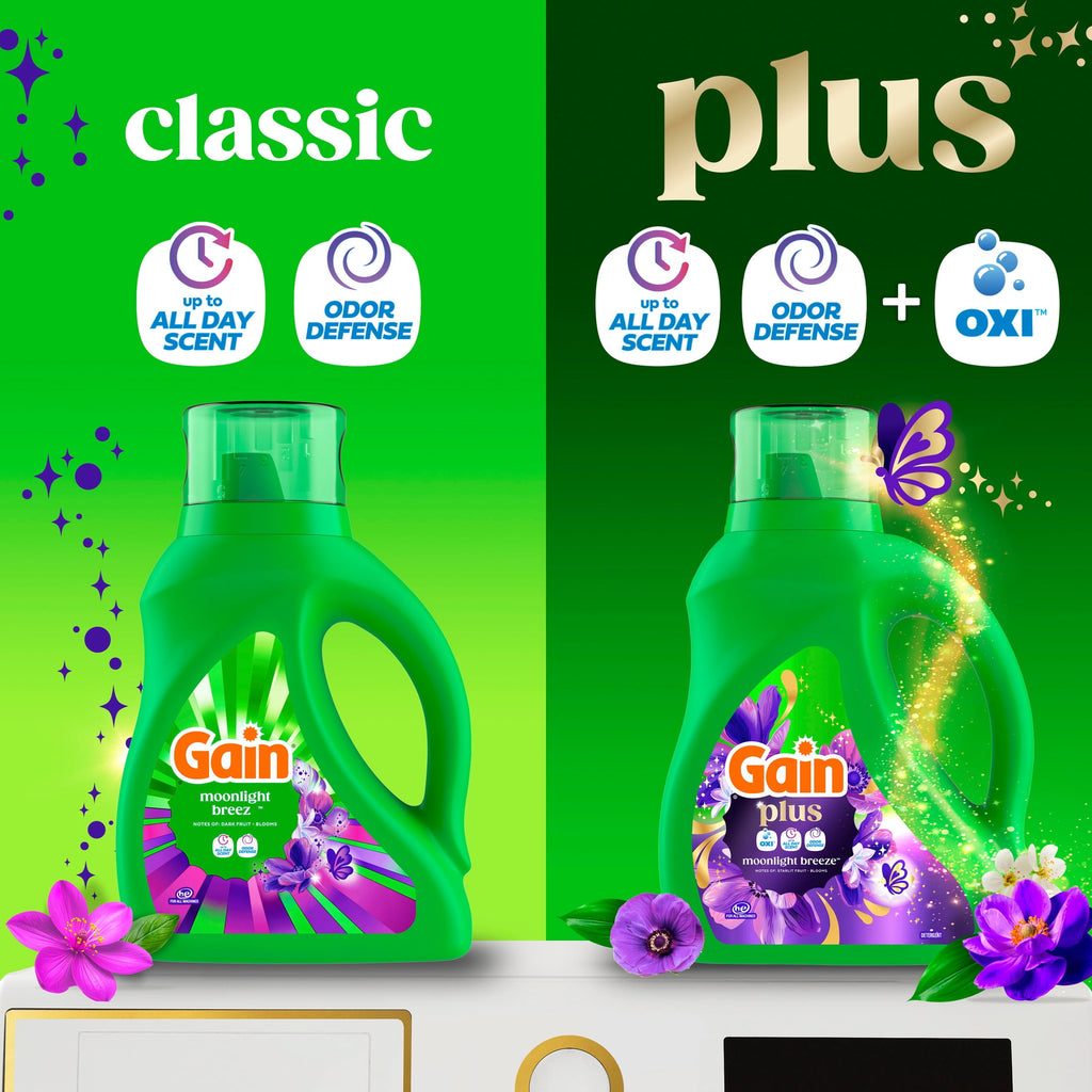 Gain Plus Liquid Laundry Detergent - Now with Odor Defense + OXI, Moonlight Breeze Scent, 99 fl oz, 75 Loads