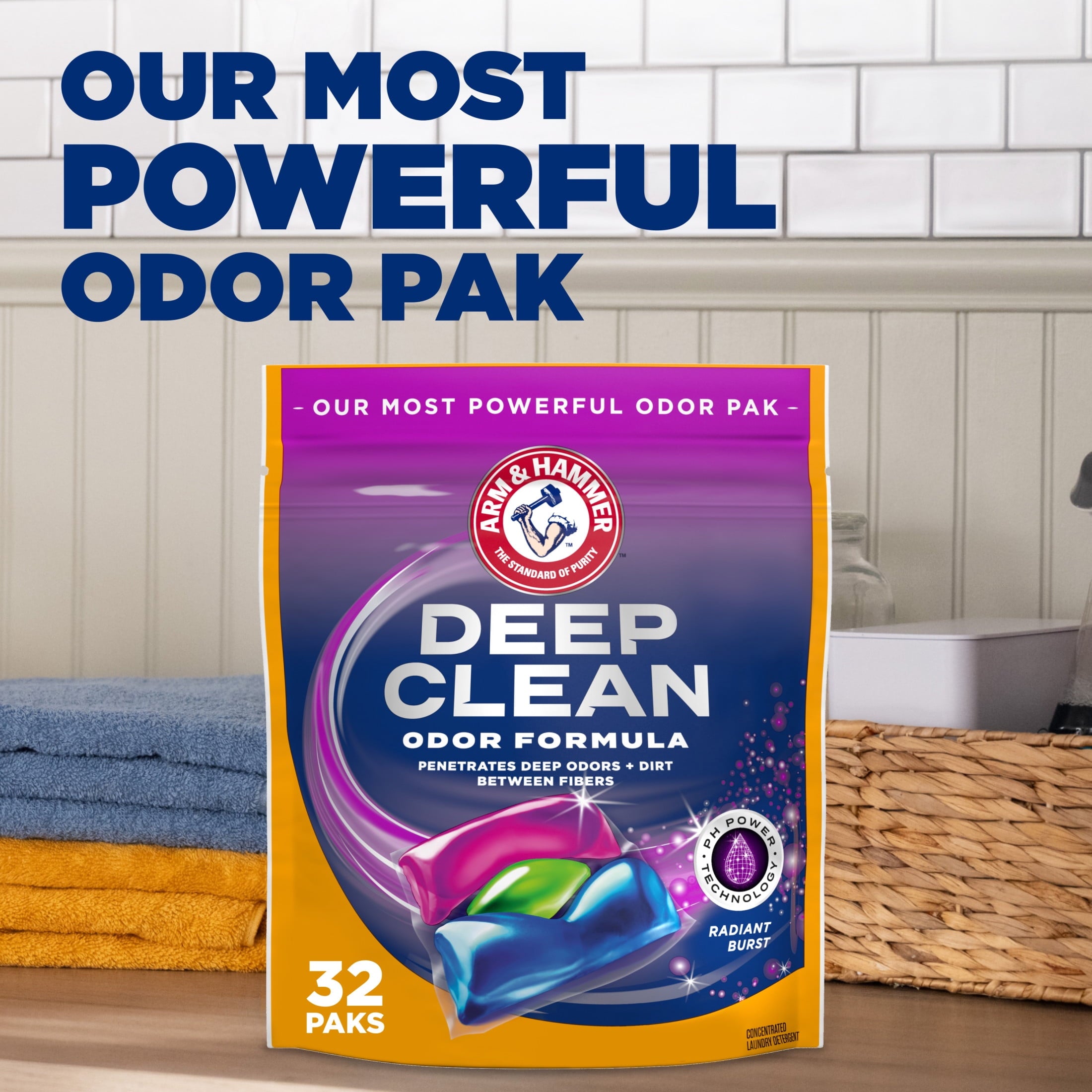 ARM & HAMMER Deep Clean Odor Formula Detergent Power Paks - Radiant Burst, 32 Count