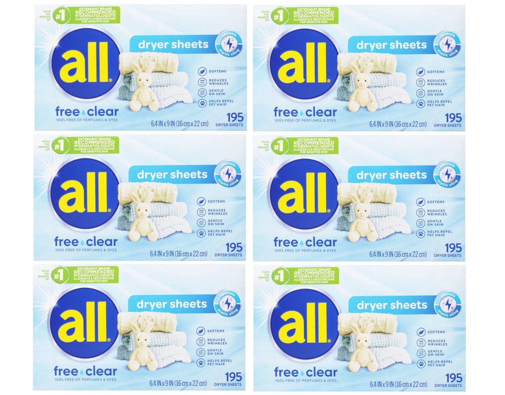 all Fabric Softener Dryer Sheets for Sensitive Skin - Free Clear, 195 Count - 6 Pack