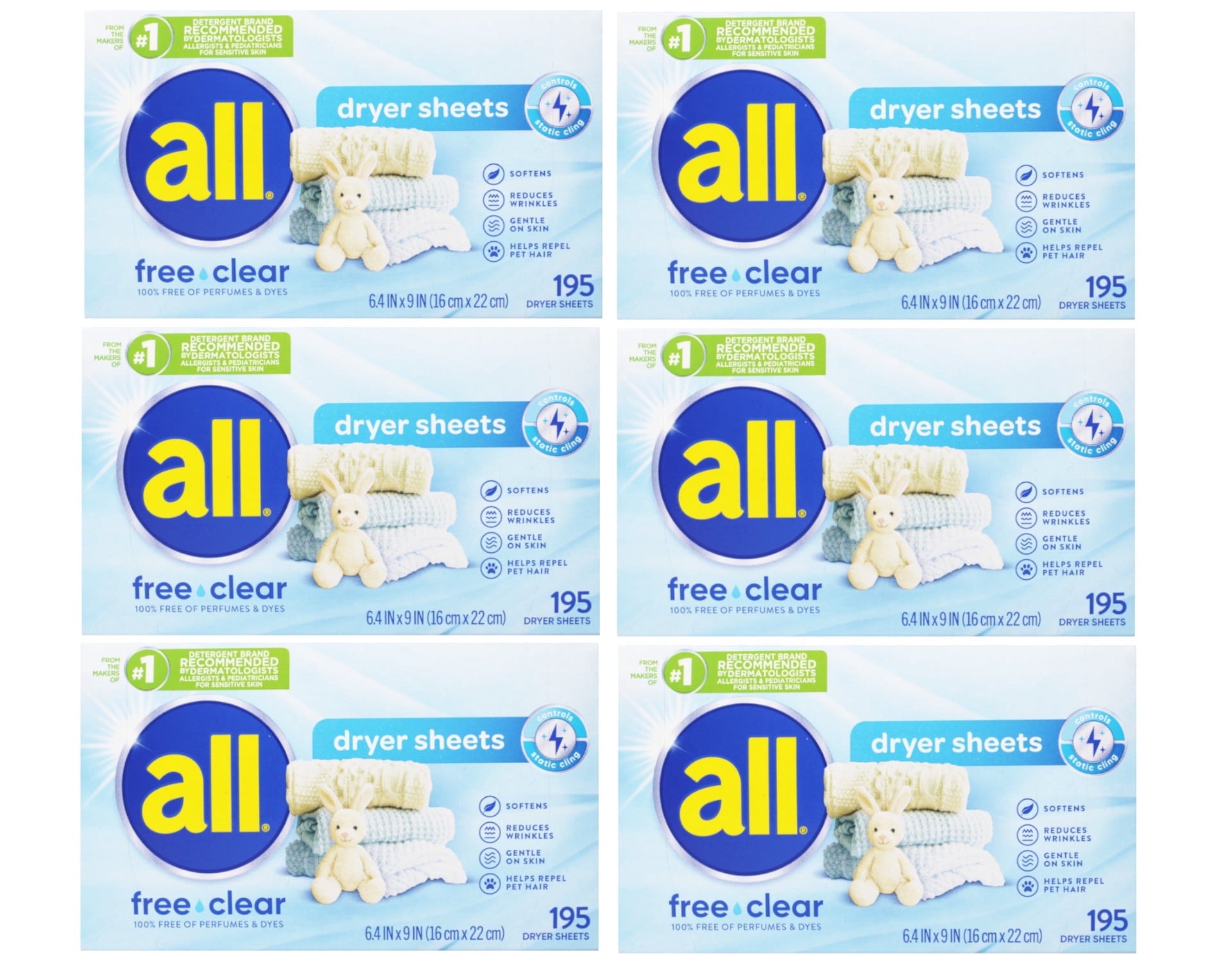 all Fabric Softener Dryer Sheets for Sensitive Skin - Free Clear, 195 Count - 6 Pack