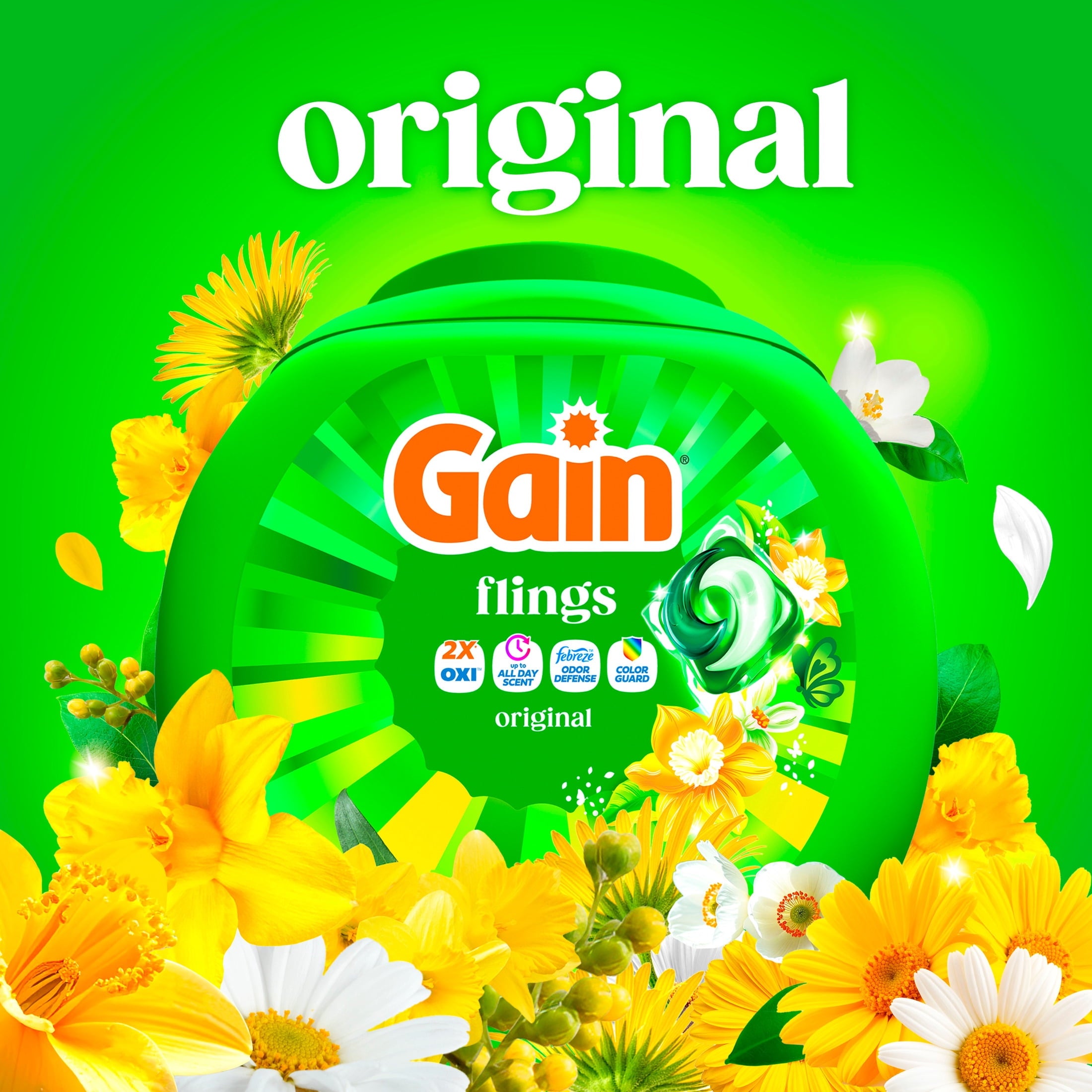 Gain Flings Laundry Detergent Soap Pacs - 4-in-1 Oxi Boost and Febreze, Original Scent, 102 Count