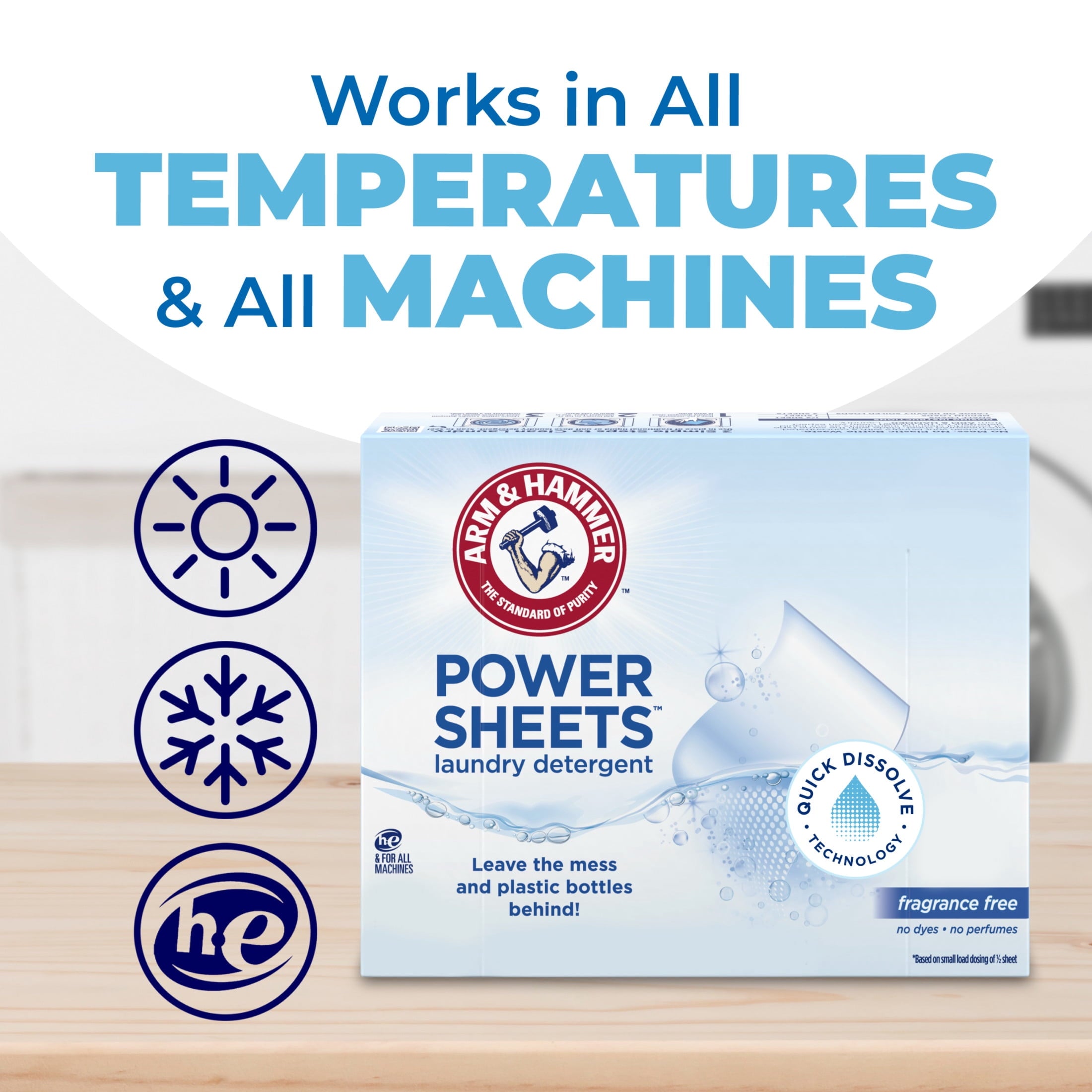 ARM & HAMMER Power Sheets Laundry Detergent - Fragrance Free, 60 Count, Up to 120 Small Loads