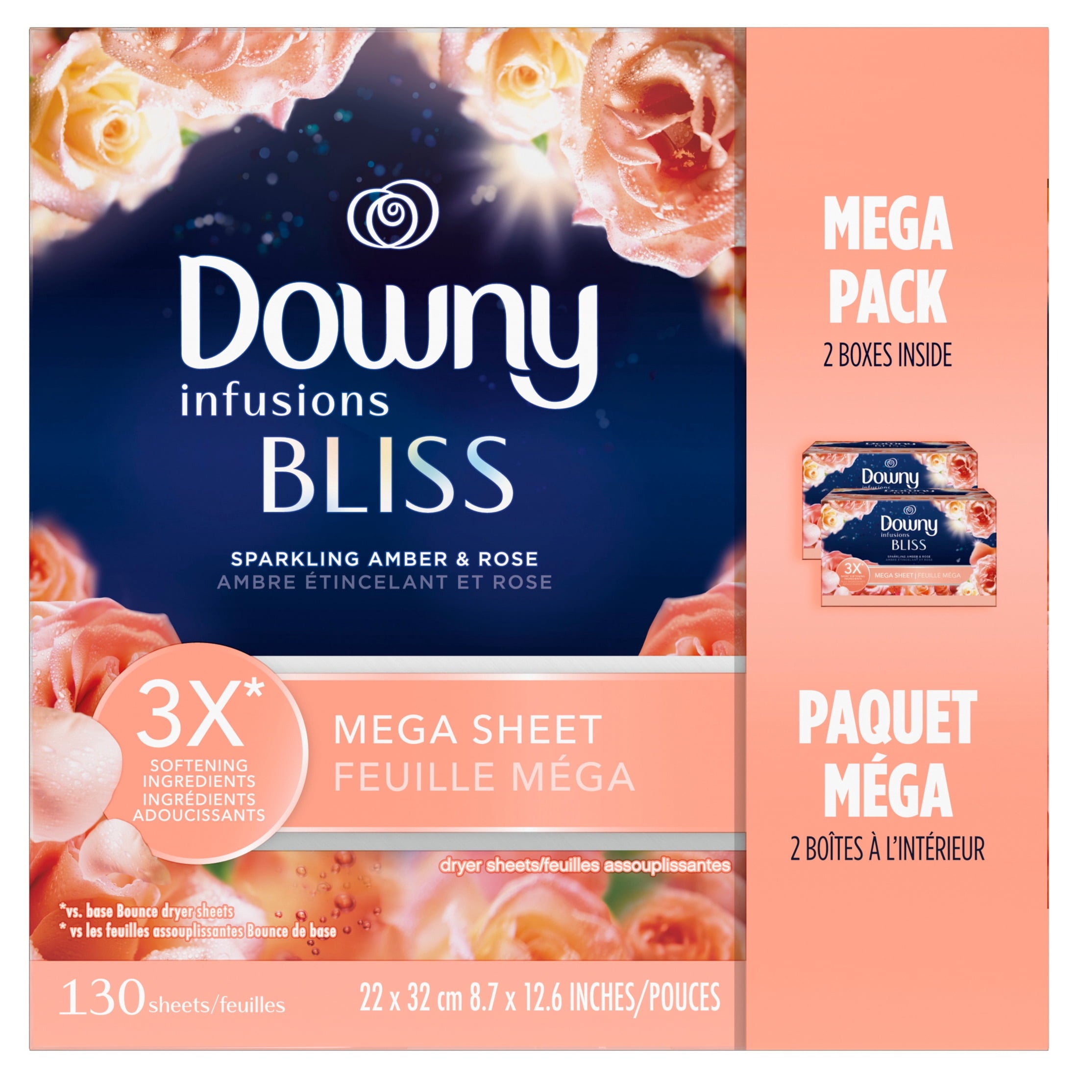 Downy Fabric Softener Dryer Sheets - Infusions Bliss Amber and Rose Scent, 130 Mega Dryer Sheets