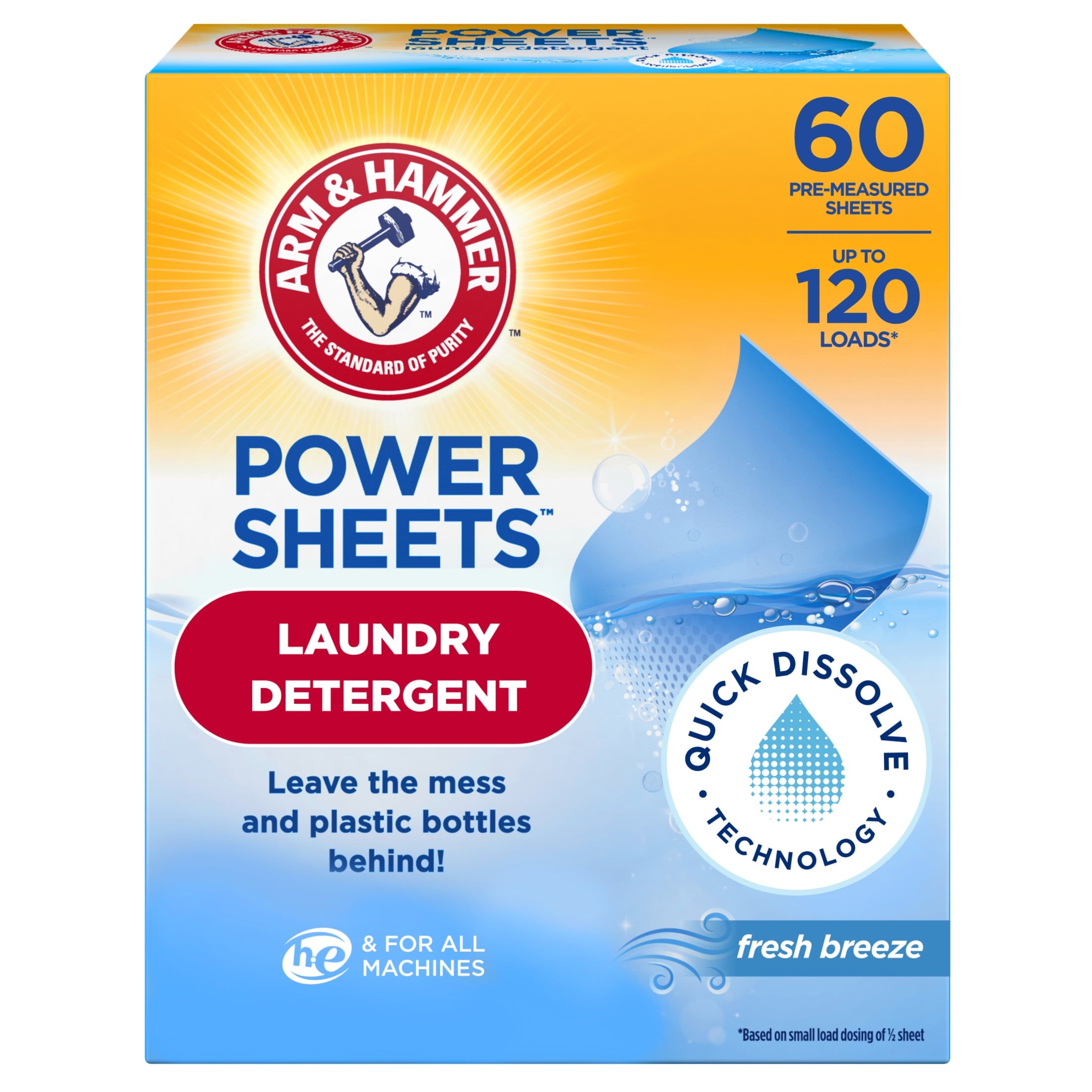 ARM & HAMMER Power Sheets Laundry Detergent - Fresh Breeze 60 Count, up to 120 small loads - 3-Pack