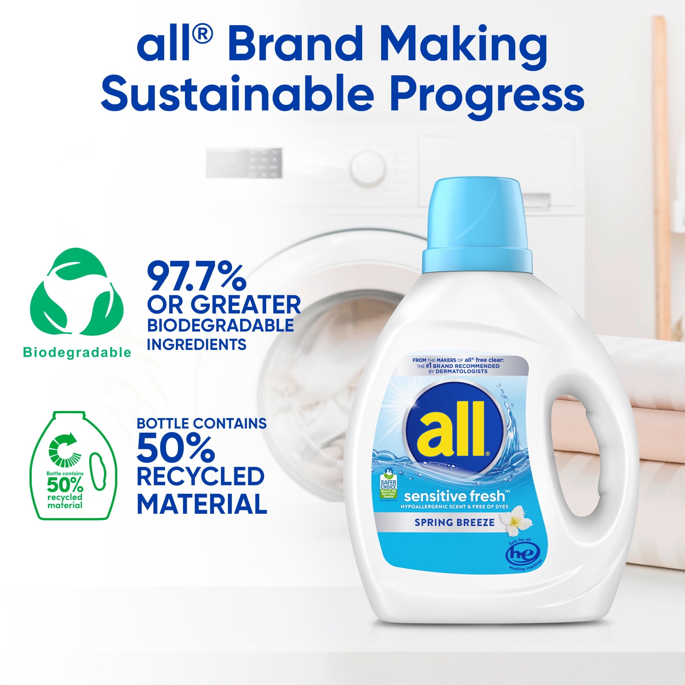 all Sensitive Fresh Liquid Laundry Detergent - Spring Breeze, 73 oz, 58 Loads