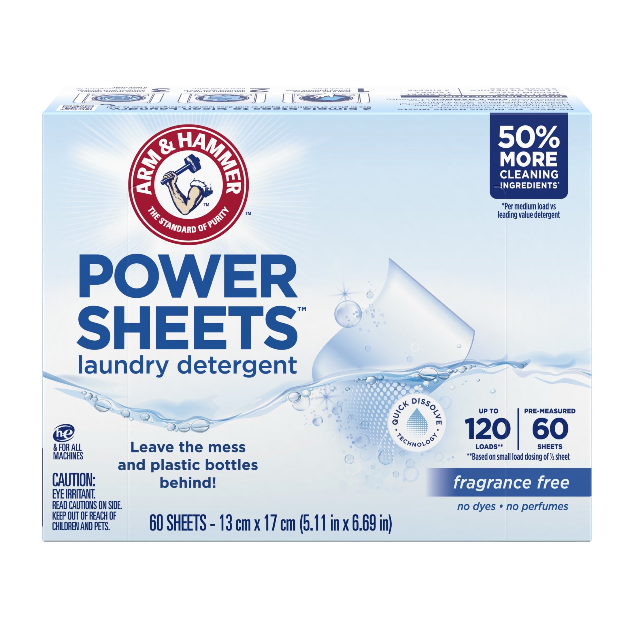 ARM & HAMMER Power Sheets Laundry Detergent - Fragrance Free, 60 Count, Up to 120 Small Loads