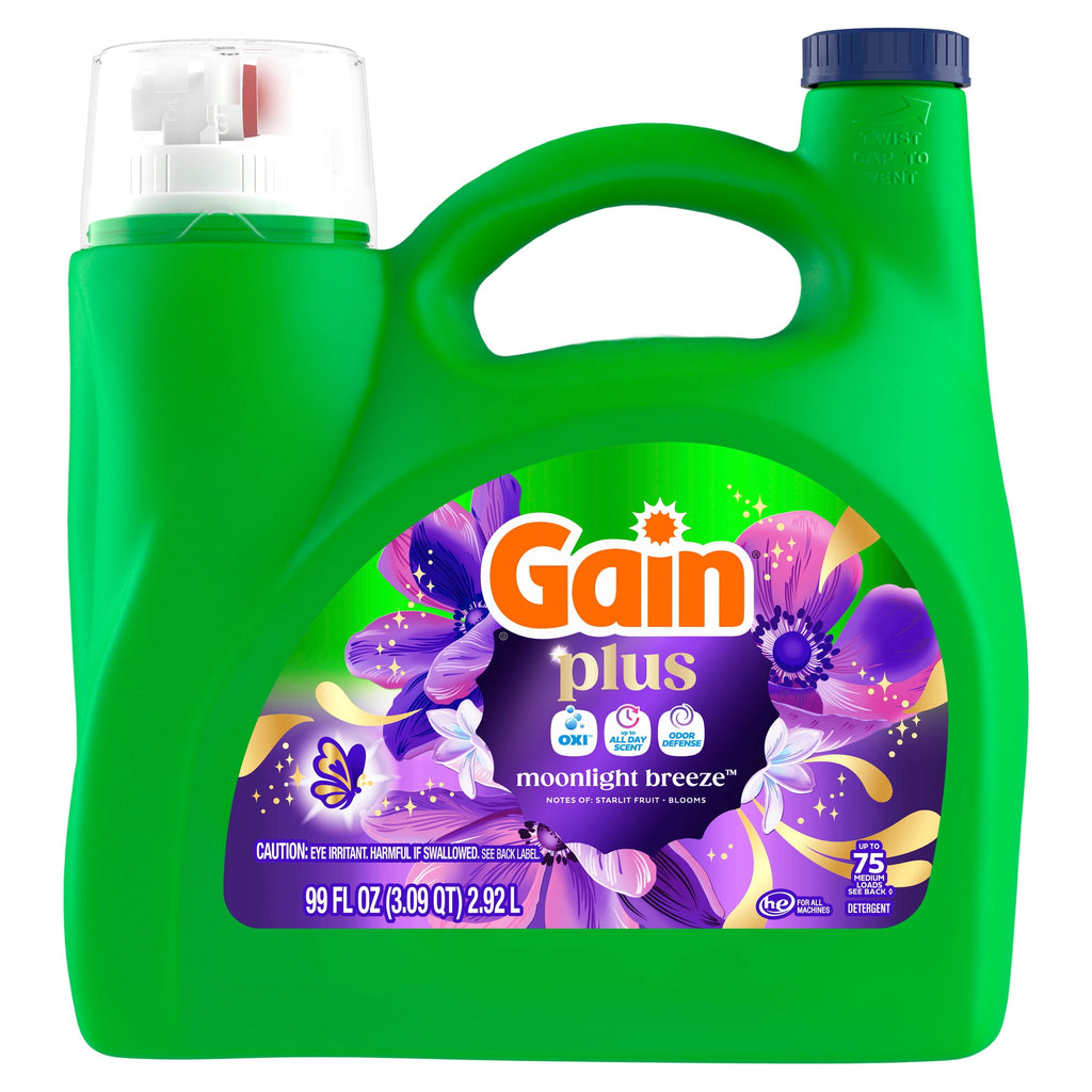 Gain Plus Liquid Laundry Detergent - Now with Odor Defense + OXI, Moonlight Breeze Scent, 99 fl oz, 75 Loads
