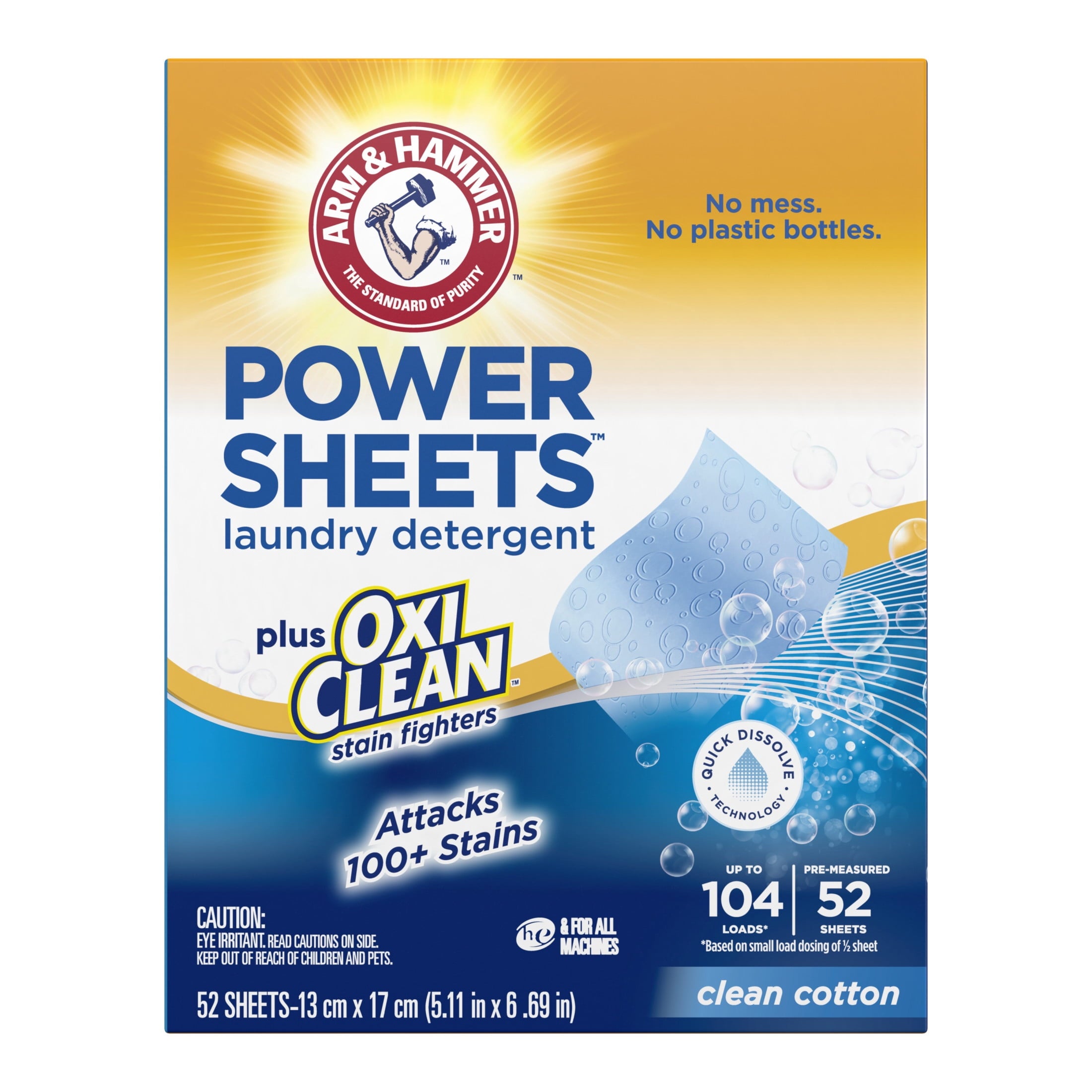 ARM & HAMMER Power Sheets Plus OxiClean Stain Fighters Laundry Detergent - Clean Cotton, 104 Count