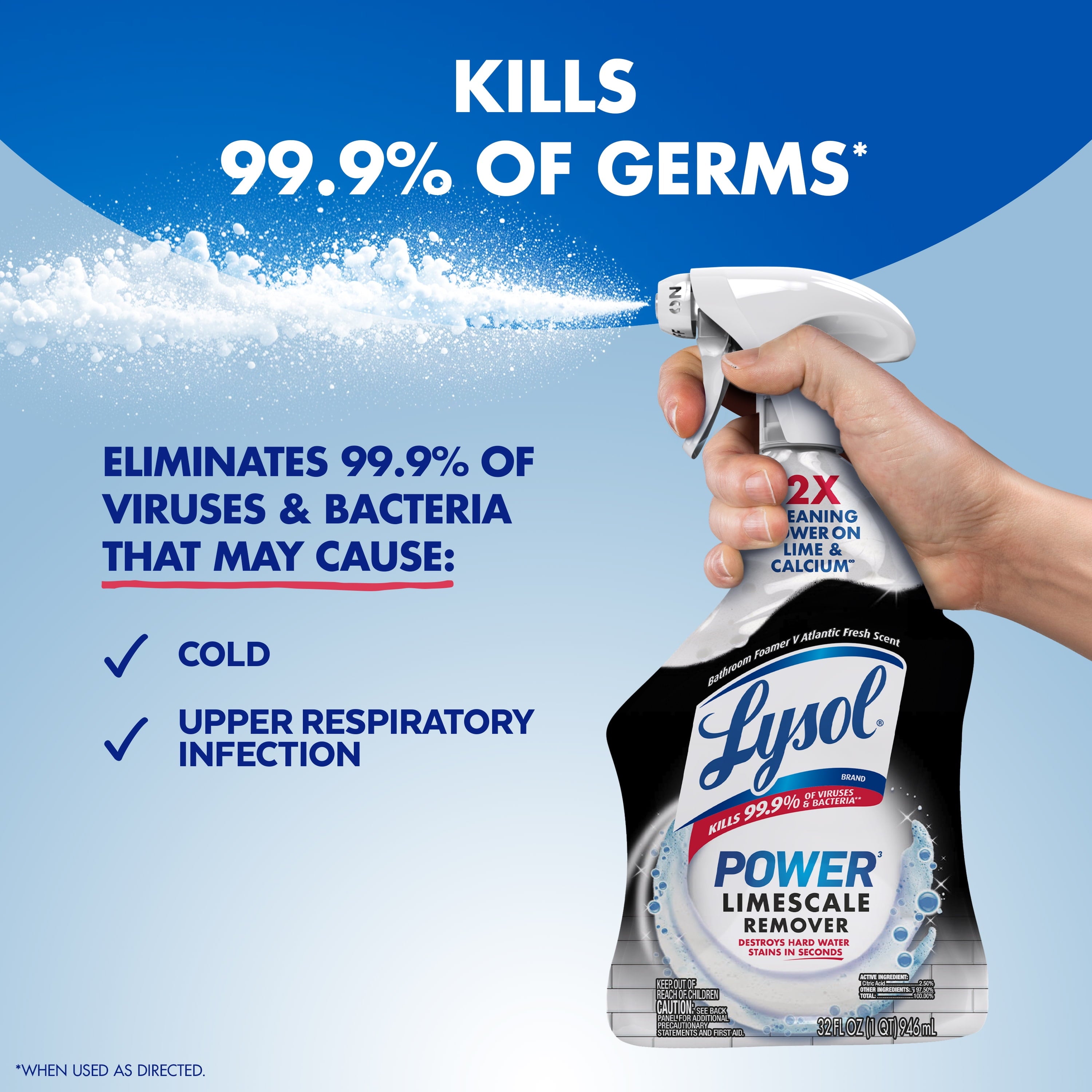 Lysol Power Limescale Remover Bathroom Cleaner Spray - Hard Water Stain Remover, Disinfecting Multipurpose Cleaner, 0% Bleach, Atlantic Fresh Scent, 32 fl oz