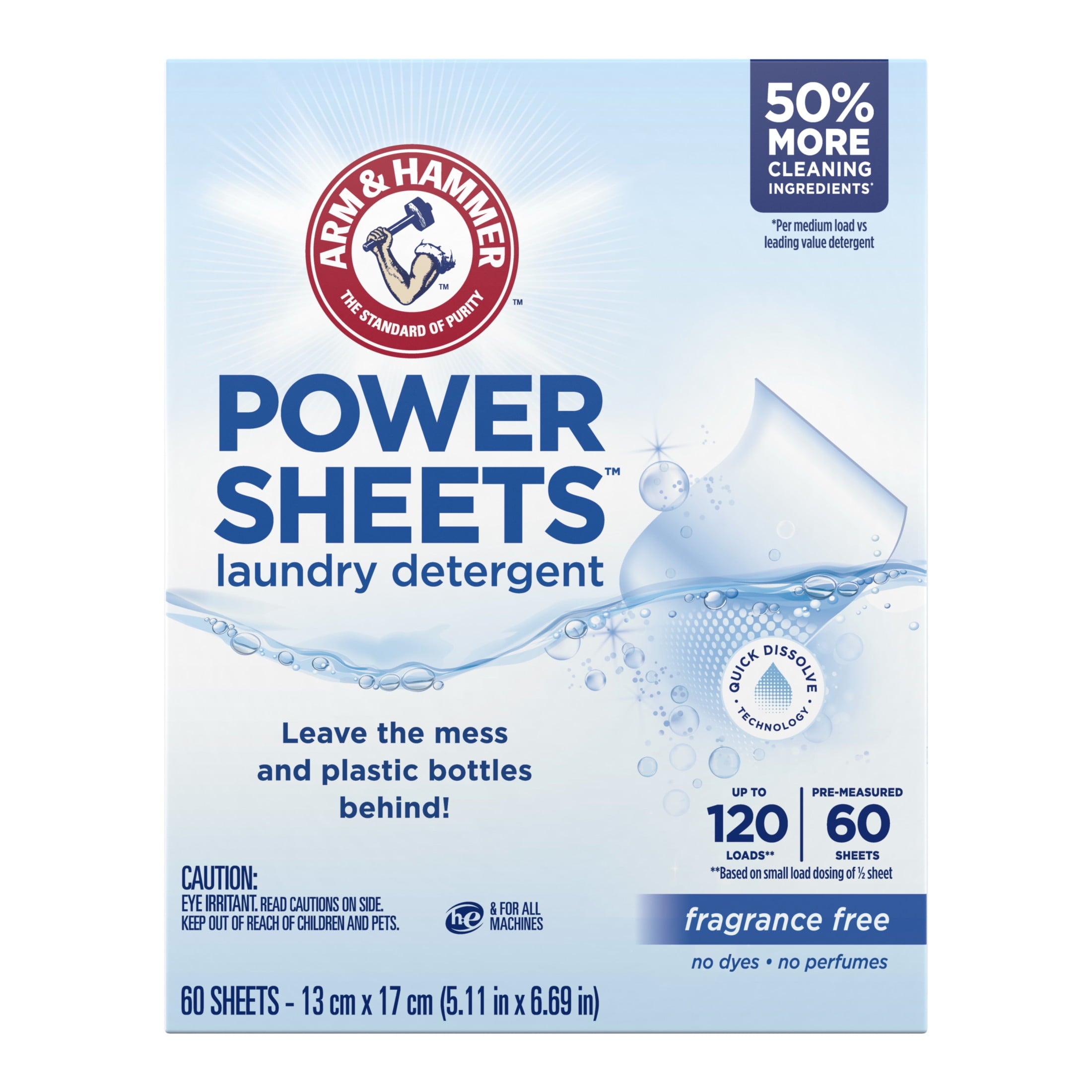 ARM & HAMMER Power Sheets Laundry Detergent - Fragrance Free, 60 Count, Up to 120 Small Loads