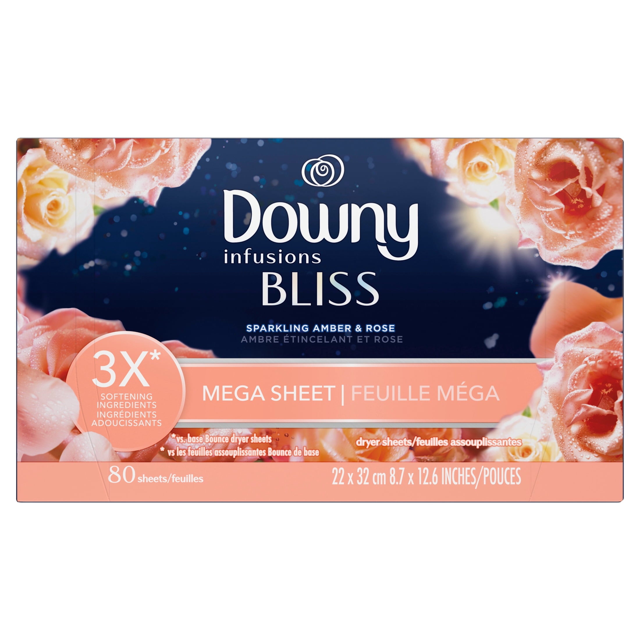 Downy Fabric Softener Dryer Sheets - Infusions Bliss Amber and Rose Scent, 80 Mega Dryer Sheets